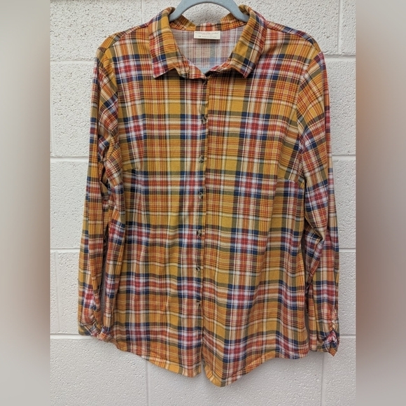 Bobbie Brooks 1X plus flannel look button down shirt in mustard - Picture 1 of 9